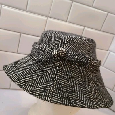 Sombrero cubo vintage de tweed de lana espiga gris para caminar negro talla 6 5/8 (21 pulgadas) Foto 1 de 4