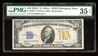 DBR 1934-A $10 North Africa Silver STAR Fr. 2309* PMG 35 EPQ Serial *01184809A - Image 1 of 2