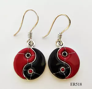 BELLISSIMI ORECCHINI A GANCIO YIN YANG ARGENTO STERLING 925 ONICE ROSSI FATTI A MANO - Foto 1 di 5