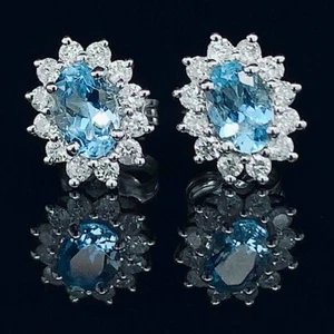 Aquamarine and Diamond Cluster Earrings in White Gold Pierced Ears - Picture 1 of 12