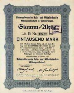 Hohenzollernsche Holz Möbelindustrie AG 1923 Gammertingen Sigmaringen 1000 Mark