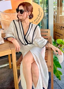 Zara Ecru & Black Rustic Striped Kaftan Midi Dress Size M - L Holiday Boho - Picture 1 of 21