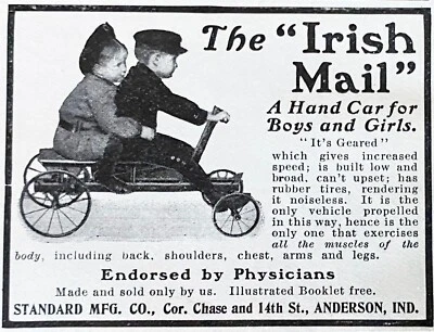 Coche de mano para niños vagón engranado juguete antiguo CORREO IRLANDÉS de colección 1903 anuncio impreso ~ Anderson, Ind Foto 1 de 2