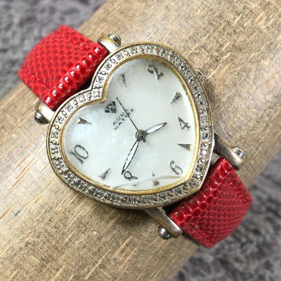 Aqua Master Women Dress Pave MOP Leather Heart Shape Quartz 30mm Watch 6 1/2" - Image 1 of 4
