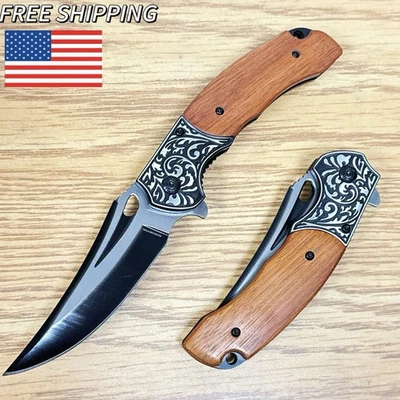 Cuchillo Plegable Vintage EDC Cuchillo de Bolsillo Mango de Madera Ornado Refuerzo Hoja Curvada Foto 1 de 4