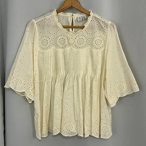 Joie Damen XL Ösen Baumwolle Babydoll Bluse Boho Cottagecore Jakobsmuschelsaum Top - Bild 1 von 9