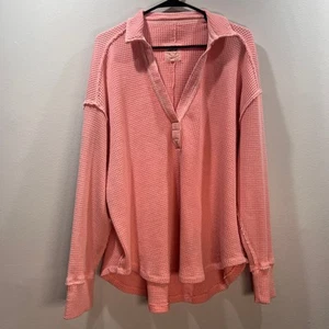 Aerie Women’s Pink Waffle V-Neck Long Sleeve Pullover Collard Sweater Large - Picture 1 of 6