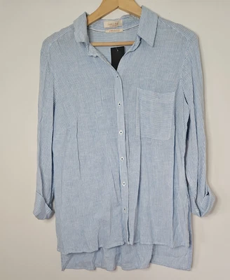 Camisa listrada azul e branca mistura de linho tamanho 12 mangas enroláveis nova com etiquetas blusa - Imagem 1 de 4