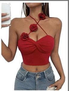 Camisola floral halter sin espalda pequeña borgoña 3D con flores para mujer - Imagen 1 de 8