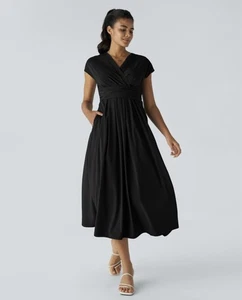 Halara Breezeful V Neck Pocket Tie Back Quick Dry Midi Casual Dress Large NWT - Picture 1 of 9