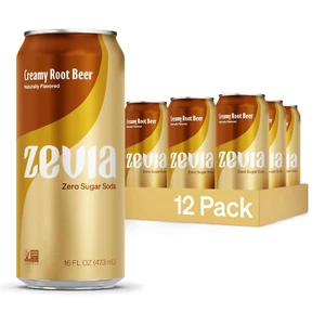 Zevia Zero Sugar Soda, Creamy Root Beer, 16 Oz Cans (12-Pack) – Naturally Sweete - Picture 1 of 12