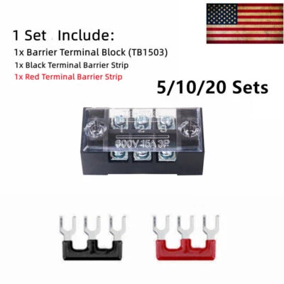 5-15x Dual Row 600V 15A 3 Position Screws Terminal Electric Barrier Strip Block - Image 1 of 4