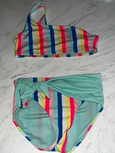 Justice Stripe High Waist Bikini TOP Bottom bathing suit swim 18 Set - Picture 1 of 4