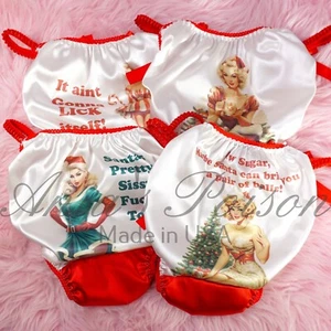 Sissy Satin Pinup Panties for  MEN - Christmas Humiliation shiny string bikini - Picture 1 of 12