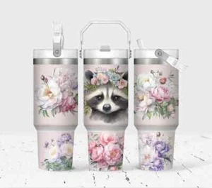 Floral Raccoon 30 Oz Flip Straw Tumbler With Handle - Picture 1 of 1