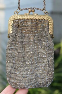 Antique Beaded French Purse Metal Gold Frame Chain Clasp Marked made in France - Picture 1 of 12