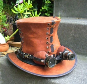 TOP QUALITY AUSTRALIAN TAN KANGAROO LEATHER STEAMPUNK CORSET HAT WITH GOGGLES - Picture 1 of 3