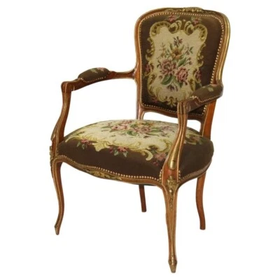 Silla tapiz antigua francesa estilo Luis XIV paquete nogal dorado y floral C1920 Foto 1 de 4