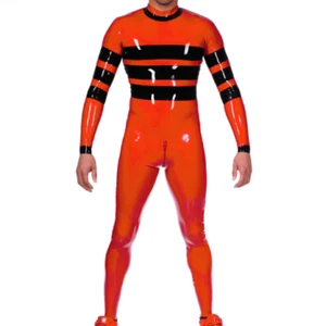 100% Latex Orange&Black Catsuit Rubber Full Cover Tights Overall 0.4mm Zip S-XXL - Picture 1 of 3
