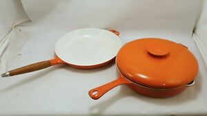 Vintage MCM Copco EnamelCast Iron 12" Skillet and Frying Pans with Lid. Orange