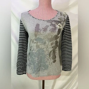 Top vintage Y2K bordado con cuentas rayas gris negro floral caprichoso talla pequeña - Imagen 1 de 9