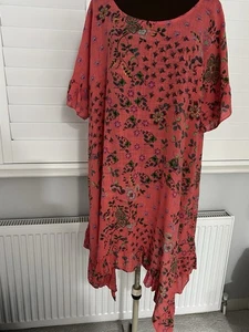 Linen Dress Coral Pink With Floral Design dress XL Dip Hem Made In Italy - Picture 1 of 9