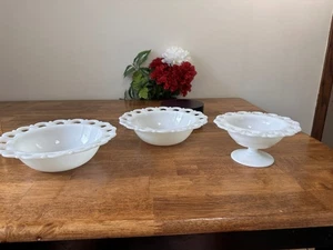 Vintage Milk Glass Bowl Set – Anchor Hocking Old Colony Lace Edge Compote & Bowl - Picture 1 of 7