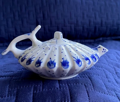 Asian Small White & Blue Flat Teapot hand painted Lotus Flower Pattern Vtg - Image 1 of 4