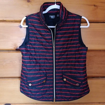 Onque Casual Womens Size PM Red & Navy Striped Mock Neck Full Zip Quilted Vest  - Image 1 of 4