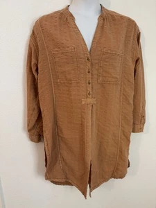 Anthropologie Pilcro Seersucker Tunic Button Down Womens M Orange Long Sleeve - Picture 1 of 11