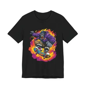 Unisex T-Shirt Neon Gorilla Skateboarding Graphic Tee Graffiti Streetwear Y2K - Picture 1 of 6