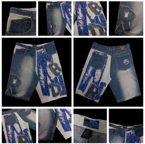 Pantaloncini jeans vintage blu grezzo Nu Realms toppati larghi hip hop skater anni 90 Y2K 38 - Foto 1 di 11