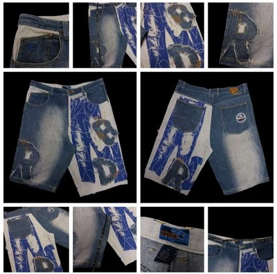 Vintage Raw Blue Nu Realms Jean Shorts Patched Baggy Hip Hop Skater 90s Y2K 38 - Image 1 of 4