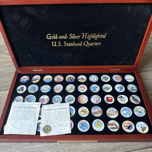 1999-2008 Complete US Statehood Quarters 50 Coin Set Cherry Wood Box Gold Silver - Picture 1 of 14
