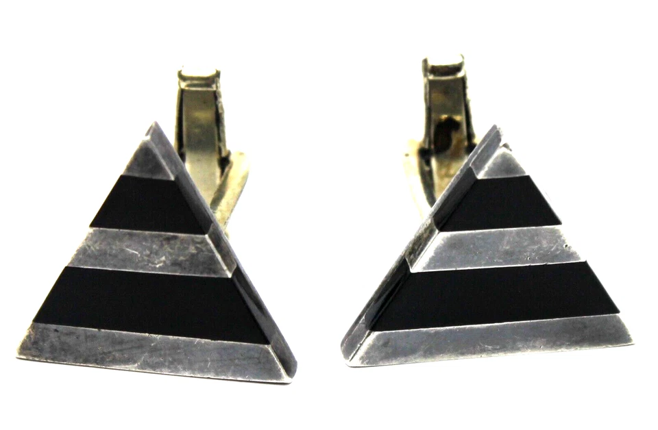 Black Onyx Cufflinks Geometric Shaped in Sterling Silver Vintage - Image 1 of 4