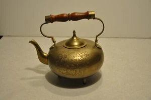 Antique Small Brass Tea Kettle Pot Floral Engraving w Lid & Wood Handle Unique - Picture 1 of 10