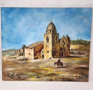 Vintage Signed Oil Painting American Landscape Old Spanish Mission Carmel Church - Picture 1 of 8