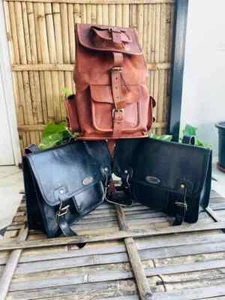 Goat Leather Messenger compartment Black motorcycle bag Free Big 16" Backpack - Picture 1 of 6