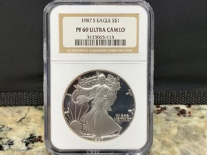 1987 S $1 AMERICAN SILVER PROOF EAGLE 1 oz .999 NCG PF69 ULTRA CAMEO - Picture 1 of 4