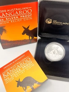 2010 Australian KANGAROO 1 toz Silver High Relief Proof Coin in OGP Complete - Picture 1 of 6