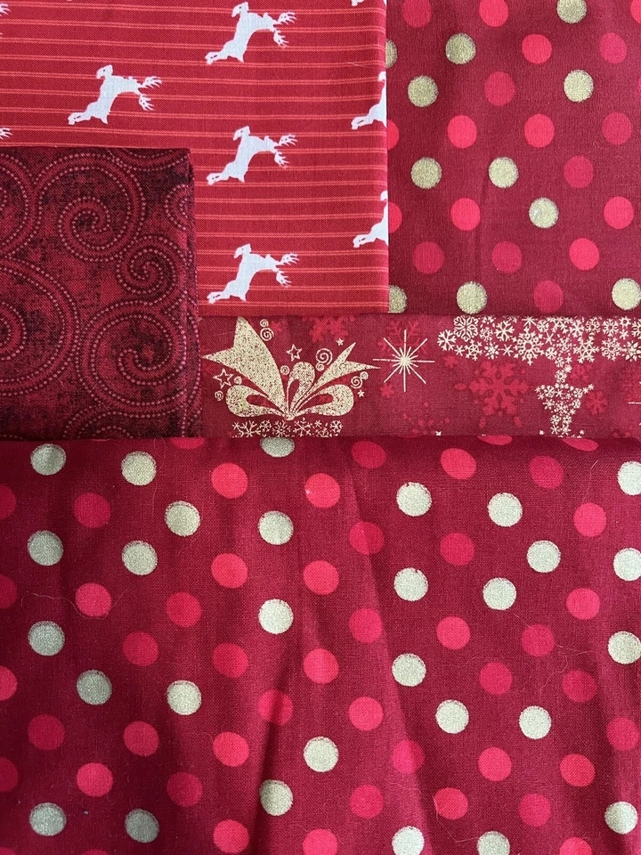 5 Pieces Christmas Holiday Fabric -Red Polka Dots Reindeer -Various Lengths - Image 1 of 4