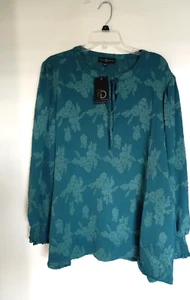 Fred David Womens Tie Neck Tunic Boho Shirt Top Sz 3X Green Floral Blouse NEW - Picture 1 of 5