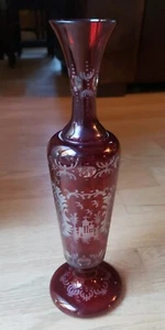 Vintage Egermann Bohemian Cut 2 Clear Ruby Red Crystal Vase Castle & Deer Birds - Picture 1 of 13