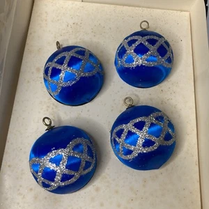 Vintage Bradford Blue Satin Ornaments In Box Silver Glitter Set Of 4 Read - Picture 1 of 16