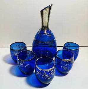 Pauly C Cobalt Blue Glass Silver Overlay Decanter Set - Picture 1 of 20