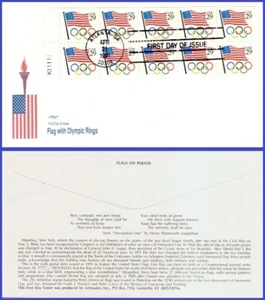 USA5 #2528 U/A ARTMASTER FDC BKLT10 Flag w/Olympic Rings - Bild 1 von 1