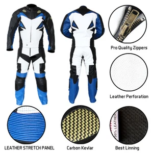2pc Motorcycle Riding Racing Leather Track Suit with Padding New Blue/White/Blac - Bild 1 von 5