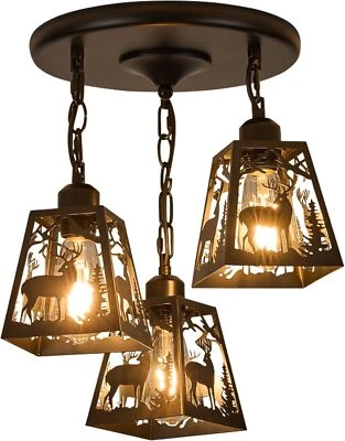 Ceiling Light Fixture Deer Country Rustic Farmhouse Black Metal Pendant Lights - Image 1 of 4
