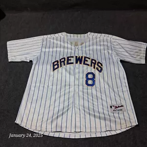 Ryan Braun 8 Milwaukee Brewers Baseball Jersey Majestic Size 52 White Pin Stripe - Picture 1 of 10