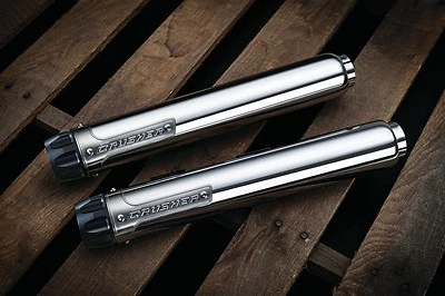 CRUSHER MAVERICK CHROME SLIP-ON EXHAUST MUFFLERS HARLEY DYNA FAT BOB WIDE GLIDE - Image 1 of 3